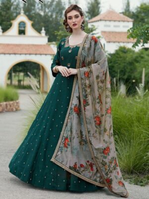 Gorgeous Green gown with Floral Dupatta