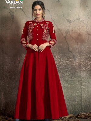Red Embroidered Gown With Attached Koti