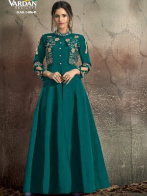 Teal Color Embroidered Gown With Attached Koti