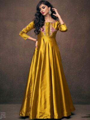 Yellow Satin  Embroidered Party Wear Gown