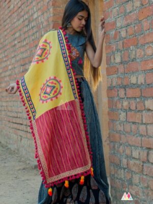 Yellow And Red Khadi Embroidered Dupatta