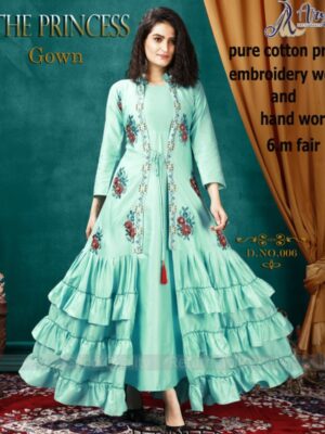 Aqua Blue Digital Printed Embroidered Long Gown