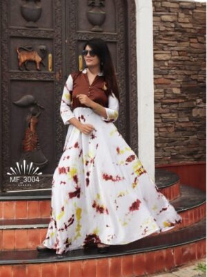 White And Brown Long Printed Casual Wear Gown