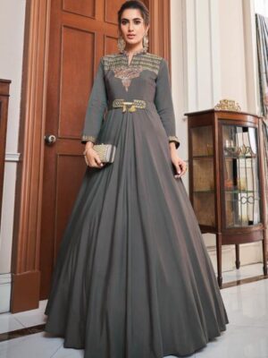 Traditional Silk Tapeta Grey Gown For Wedding