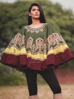Trendy Embroidered Khadi Top With Poncho