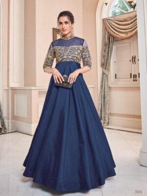 Embroidery Navy Blue Printed Fancy Gown