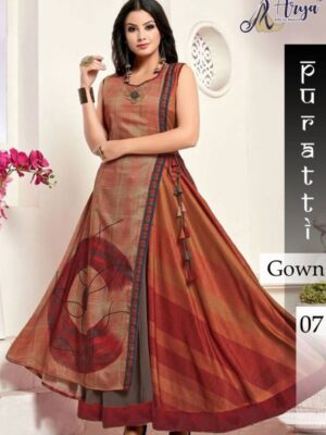 Brown Printed Rayon Party Wear Gown