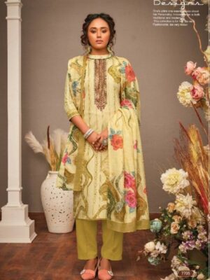 Green Lime Cotton Digital Printed Suit With Kashmiri Embroidery