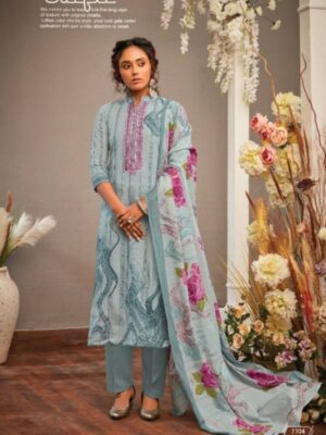 Greyish Blue Cotton Digital Printed Suit With Kashmiri Embroidery