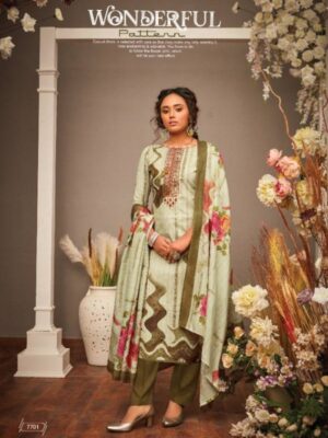 Mehendi Green Cotton Digital Printed Suit With Kashmiri Embroidery