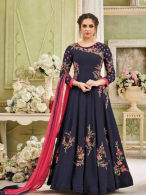 Navy Blue Party Wear Anarkali Suit With Pink Dupatta