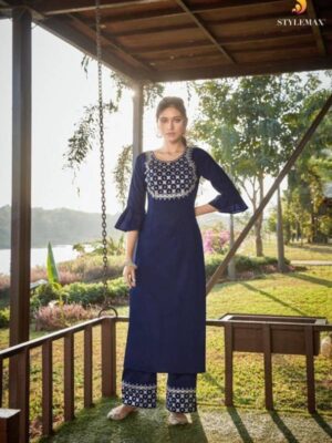 Blue Embroidered Party Wear Palazzo Suit