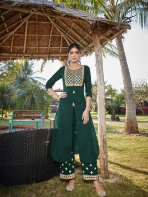 Bottle Green Embroidered Party Wear Palazzo Suits