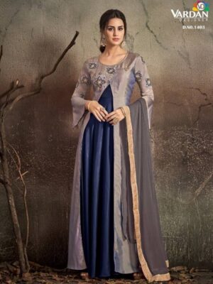 Grey And Blue Tapeta Silk Party Wear Gown