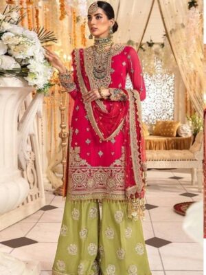 Magenta And Light Green Georgette Embroidered Palazzo Suit