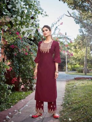 Maroon Embroidered Party Wear Palazzo Suit