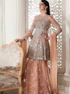 Peach Net Embroidered Party Wear Sharara Suit