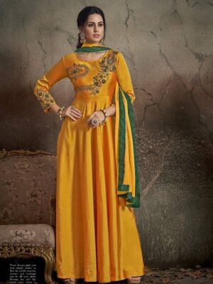 Yellow Tapeta Silk Party Wear Gown