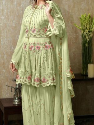 Mint Green Embroidered Party Wear Sharara Suit