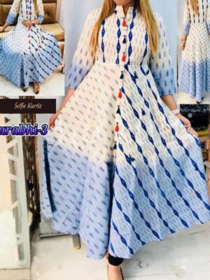 White And Blue Poly Rayon Digital Printed Party Wear Kurti