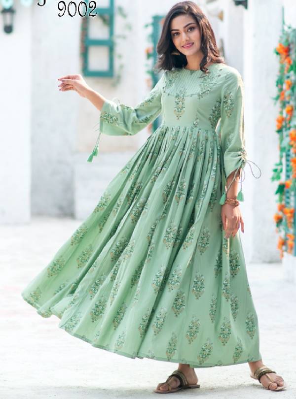 SHOW OFF HEAVY COTTON CAMBRIC PRINTED NECK EMBROIDERY NEW READYMADE  BEAUTIFUL LATEST FANCY DASHING DESIGNER FRILL STYLE LONG GOWN KURTI FOR  WOMEN VACATION SPECIAL BEST DEALER AGENT IN INDIA SINGAPORE - Reewaz