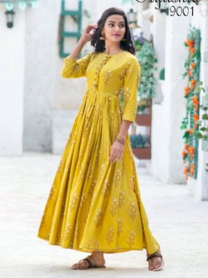 Yellow Muslin Digital Printed Party Wear Gown