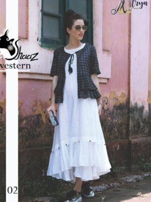 White Rayon Cotton Dress With Black Koti