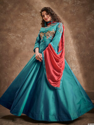 Beautiful Aqua Blue Embroidered Party Wear Gown