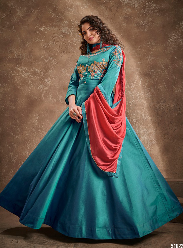 Blue Color Designer Gown With Heavy Embroidery Work in Georgette With  Dupatta in USA, UK, Malaysia, South Africa, Dubai, Singapore