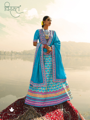 Light Blue Printed And Embroidered Heavy Silk Party Wear Lehenga