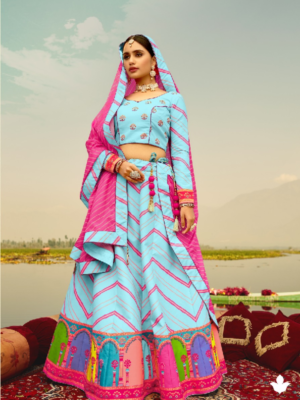 Powder Blue Printed And Embroidered Heavy Silk Party Wear Lehenga
