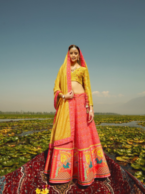 Yellow And Red Printed And Embroidered Heavy Silk Party Wear Lehenga