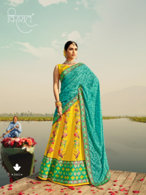 Yellow And Turquoise Blue Printed And Embroidered Heavy Silk Party Wear Lehenga