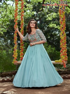 Light Blue Embroidered Party Wear Gown