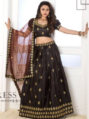 Brown Printed And Embroidered Heavy Silk Party Wear Lehenga