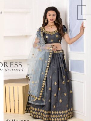 Grey Printed And Embroidered Heavy Silk Party Wear Lehenga