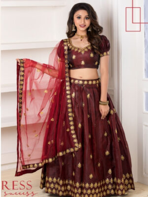 Maroon Printed And Embroidered Heavy Silk Party Wear Lehenga