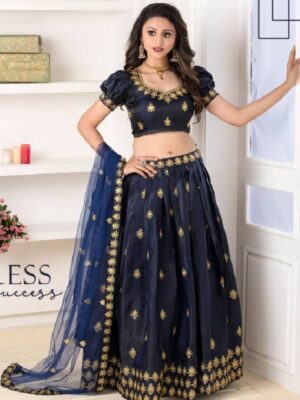 Navy Blue Printed And Embroidered Heavy Silk Party Wear Lehenga