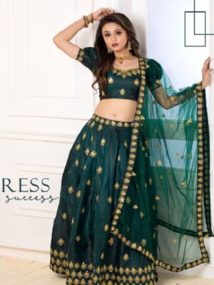 Teal Green Printed And Embroidered Heavy Silk Party Wear Lehenga