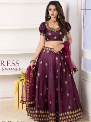 Wine Printed And Embroidered Heavy Silk Party Wear Lehenga