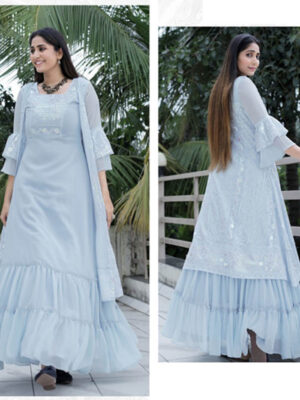 Embroidered Party Wear Ice Blue Gown