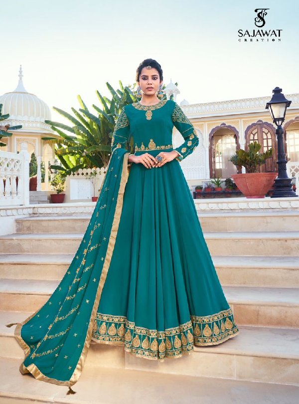 Rama Blue Silk Pleated Anarkali Suit with Embroidery Sequin -...