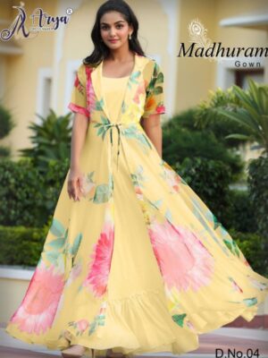 Yellow Party Wear Cotton Gown With Koti