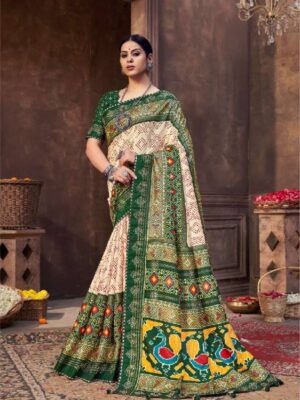 Green And Beige Soft Printed Party Wear Saree