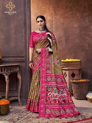 Pink And Green Soft Printed Party Wear Saree