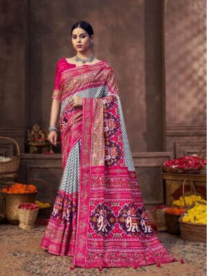 Pink And Grey Soft Printed Party Wear Saree