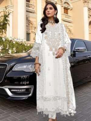 White Georgette Embroidered Party Wear Suit