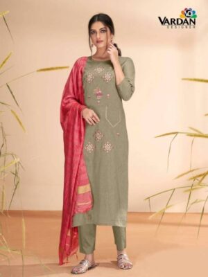 Beige Cotton Embroidered Party Wear Suit