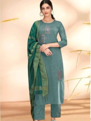 Dusty Green Cotton Embroidered Party Wear Suit