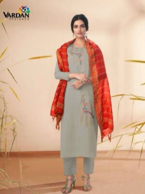 Grey Cotton Embroidered Party Wear Suit